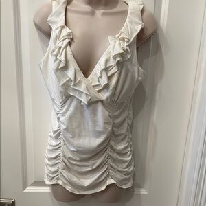 CAbi Cream Ruffled V-Neck Top